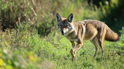 Obraz premium A lone coyote cautiously walking through a grassy green landscape