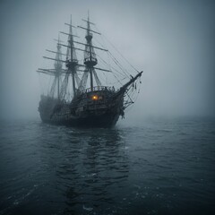 Obraz premium The Ocean’s Forgotten Ship – Once every hundred years, a ghostly ship sails through the mist, its lanterns glowing, its crew nowhere to be seen.