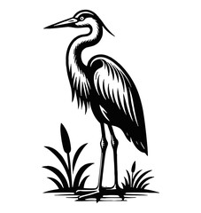 Obraz premium Silhouette of Heron Standing in Water with Reeds Around in Black and White Graphic Vector