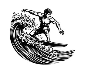 Man Surfing on Wave with Arms Extended in Black and White Outline Graphic Illustration Design