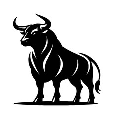 Silhouette of a strong bull standing tall, with detailed muscular form in black and white color