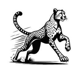 Obraz premium Detailed Black and White Vector Illustration of a Cheetah Running with Speed Lines