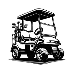 Detailed Black and White Line Art of Golf Cart Carring Golf Clubs in Bag on the Back Seat