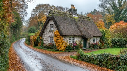 Thatched cottage nestled amid autumn foliage, with a winding road nearby