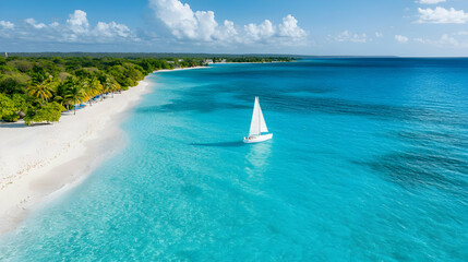 Obraz premium Aerial View Of Turquoise Ocean And White Sand Beach With Sailboat And Green Trees Under Sunny Sky