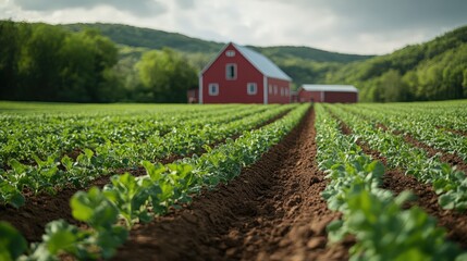 Picturesque view of thriving crops and a red barn in a tranquil countryside