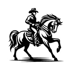 Cowboy ride horse silhouette with hat and rein in black and white vector illustration