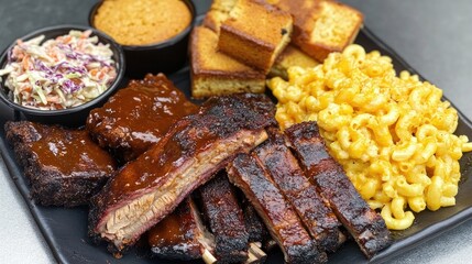 A barbecue platter with ribs, cornbread, mac and cheese, and coleslaw.