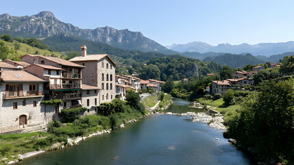 Fototapeta premium Picturesque European Town Nestled Along Serene River Reflecting Buildings Lush Green Mountains Under Bright Daylight