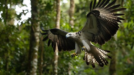 Majestic Harpy eagle swooping down through the dense Amazon canopy its enormous talons extending toward an unsuspecting prey