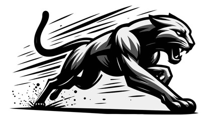 Black panther running aggressively with speed line and splash, monochrome, illustration style