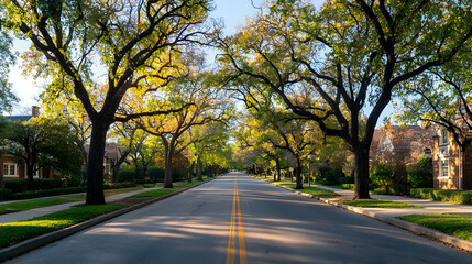 Fototapeta premium Residential Street Lined With Lush Green Trees And Golden Foliage Under Bright Sunlight During Autumn