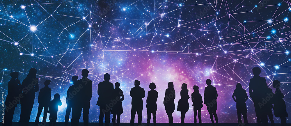 Poster a cosmic collective: silhouetted figures stand in contemplation before a vibrant nebula and intercon