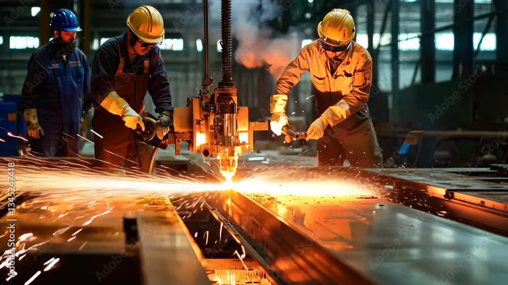 Poster skilled workers using welding tools in a factory setting during evening hours