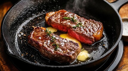 A cast iron pan with a sizzling steak, juices bubbling in melted butter.