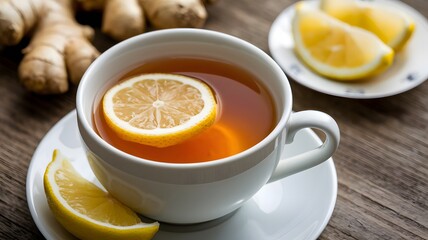 Warm ginger tea with lemon served in a white cup and plate, showcasing fresh ginger and lemon slices on a wooden table