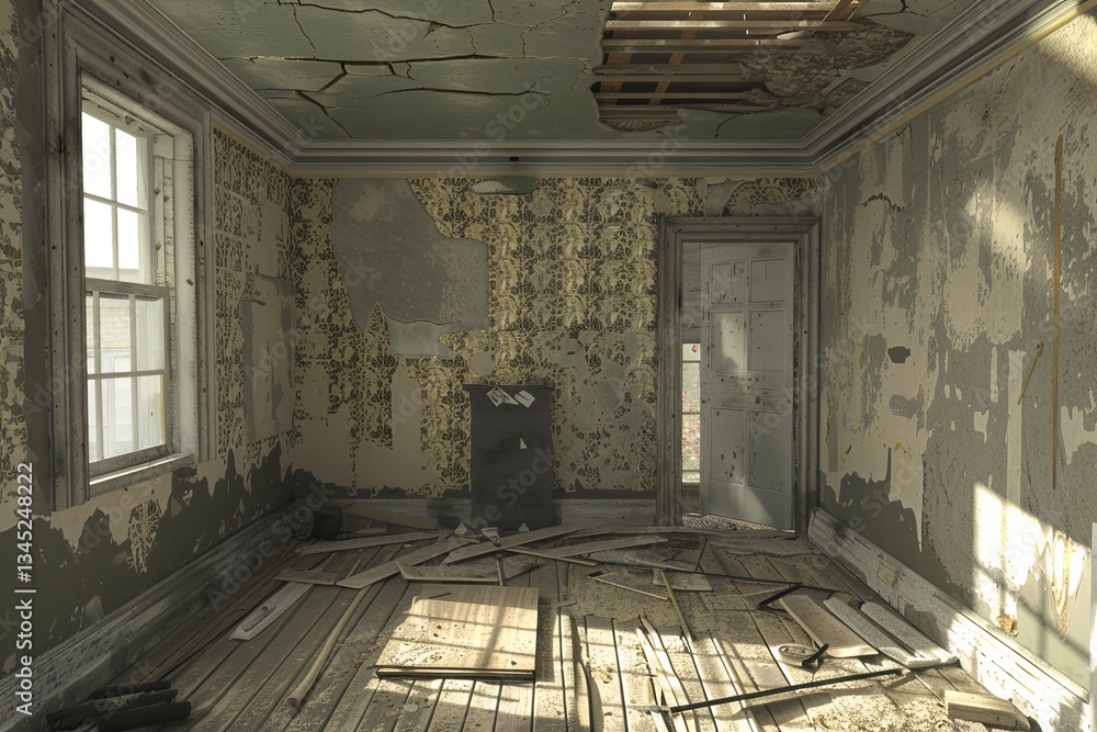 Poster renovation underway in empty room with peeling wallpaper and exposed plaster revealing the potential