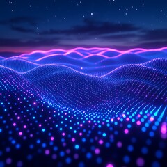 Nighttime glowing data landscape, digital waves, starlit sky, futuristic background, tech presentation