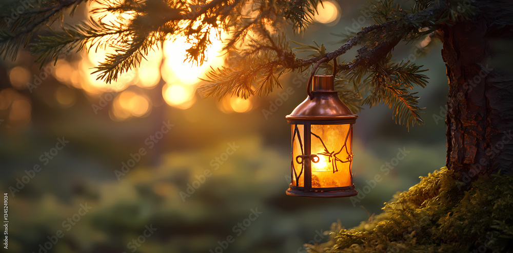 Poster illuminating serenity: a warm, inviting lantern casting a golden glow hangs gently from a textured, 