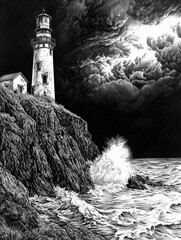Fototapeta premium A detailed ink drawing of an old, abandoned lighthouse perched on a cliff, waves crashing against the rocks below, a storm brewing in the distance