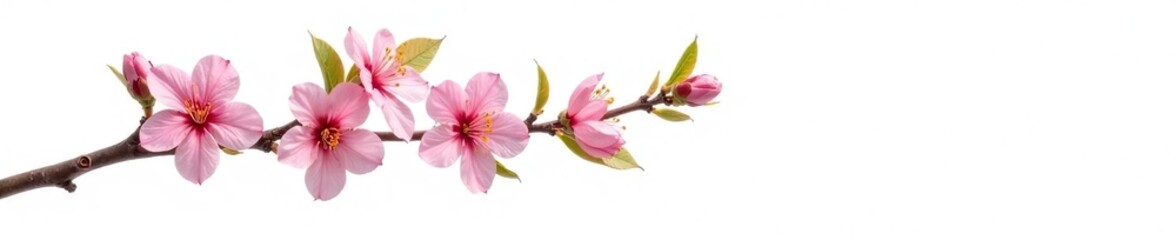 A single branch with leaves and flowers on a white background, tree blooms, tree details, plant