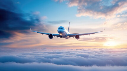 Obraz premium Commercial airplane flying above dramatic clouds during sunset.
