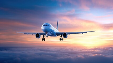 Obraz premium Commercial airplane flying above dramatic clouds during sunset.