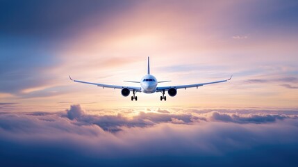 Obraz premium Commercial airplane flying above dramatic clouds during sunset.