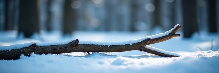 Obraz premium A single wooden branch lying across the snow covered ground in a forest, dark, , snowy