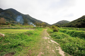 Rural Path Through Green Valley with Distant Hills