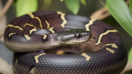 Obraz premium Colorful python coiled on a branch surrounded by lush green foliage in a natural habitat during daytime