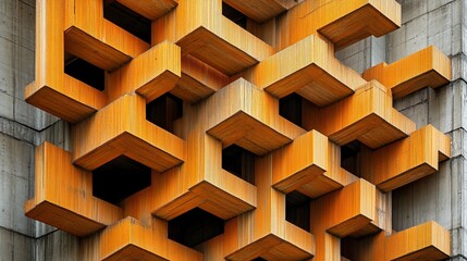 Abstract orange geometric structure, intricate cube pattern on building facade