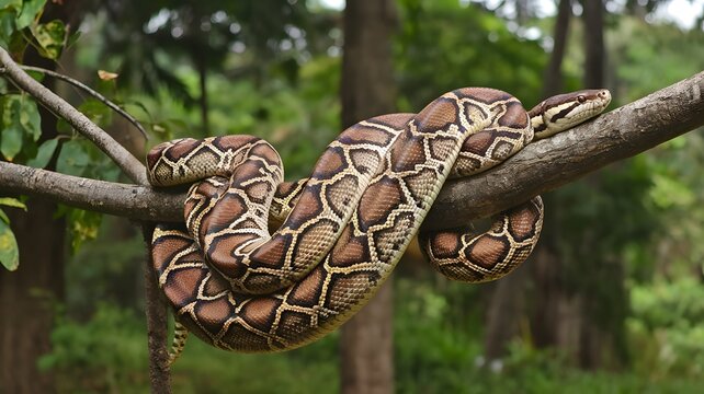 Colorful python resting on a tree branch in a lush forest environment during daylight