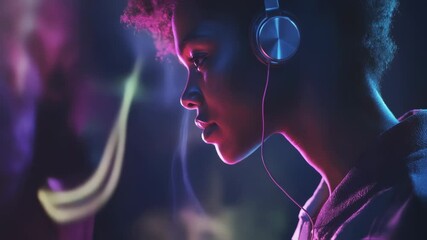 Profile of beautiful young woman dj wearing headphones, enjoying and listening to music in a nightclub with colorful smoke in the background