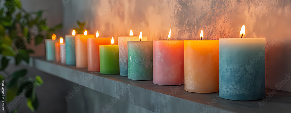 Poster illuminated palette: a row of vibrant, color-gradient candles on a shelf casting a warm glow, creati