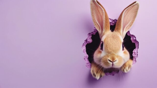 Curious bunny emerges from a hole in a colorful wall, looking around with its floppy ears up, surrounded by a lilac background, capturing playful and adorable moments of wildlife.