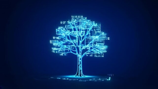 Digital tree with glowing blue branches and data infographics on a dark background, symbolizing technology and growth. Ideal for concepts of AI, future, nature integration, and innovation.