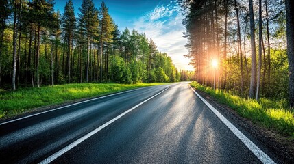 Obraz premium Sunrise beautiful road in forest