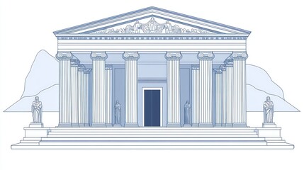 Obraz premium Ancient Greek Temple Illustration, Background Mountains, Static Display