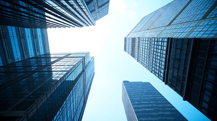 The image shows a view looking up at several tall buildings with glass and steel structures3