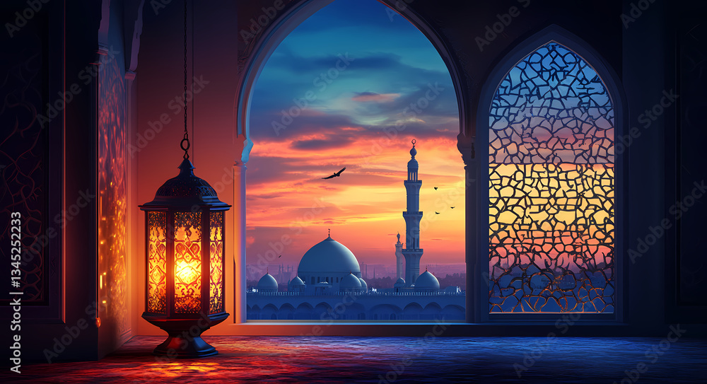 Poster enchanting view in ramadan: the image depicts a stunning view from the window with ornate patterns o
