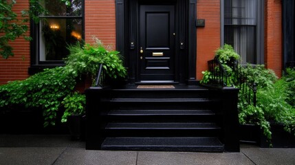 Fototapeta premium Urban townhouse entryway with lush greenery. Dark steps lead to a black door