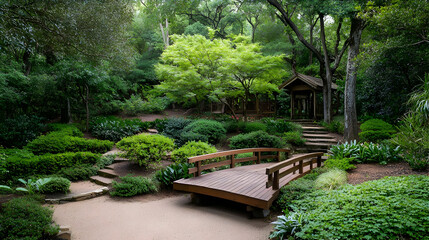 Wooden Bridge Over Path In Lush Green Garden With Foliage And Trees Under Daylight