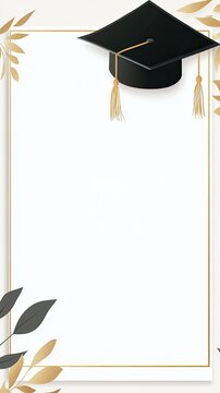 A white blank banner with a golden frame and a black graduation cap