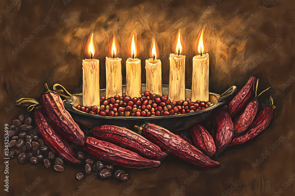Poster illuminated ritual: a warm and inviting image features six lit candles arranged on a decorative tray