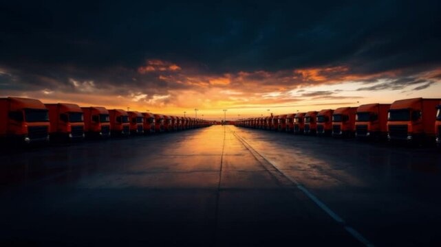 Sunset Symphony: A Fleet of Orange Trucks Parked in a Row
