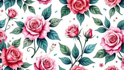 Delicate watercolor roses & leaves, repeat seamlessly , fabric, illustration, print