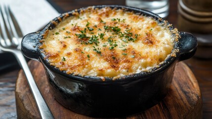 A creamy bowl of mac and cheese with golden, melted cheese bubbling on top.