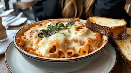 A creamy, cheesy portion of baked ziti plated with a side of toasted bread.
