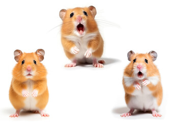 Set of golden hamsters on white background. Each hamster exhibits a distinct expression
